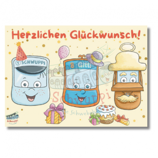 Postkarte Schwuppi Schwebebahn Kind Wuppertal Souvenir Shop Buch Figur aus dem Buch Gitti Schwuppi und das magische Geheimnis Geburtstag Glückwunsch