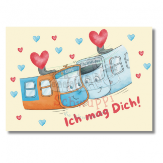 Postkarte mit Schwuppi und Gitti, die Schwebebahnen im Comic-Stil mit Herzchen und dem Text ‚Ich mag dich‘“