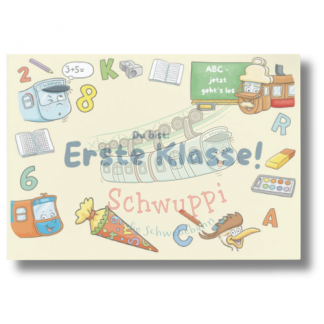 Postkarte Schwuppi Schwebebahn Kind Wuppertal Souvenir Shop Buch Figur aus dem Buch Gitti Schwuppi und das magische Geheimnis Einschulung